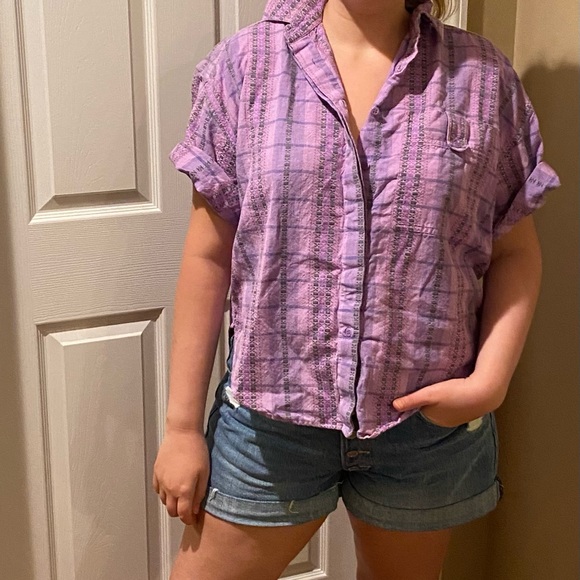 •2/$35• VTG 80s/90s Purple Plaid Short Sleeve Oversized Button-Down Shirt - Picture 2 of 5